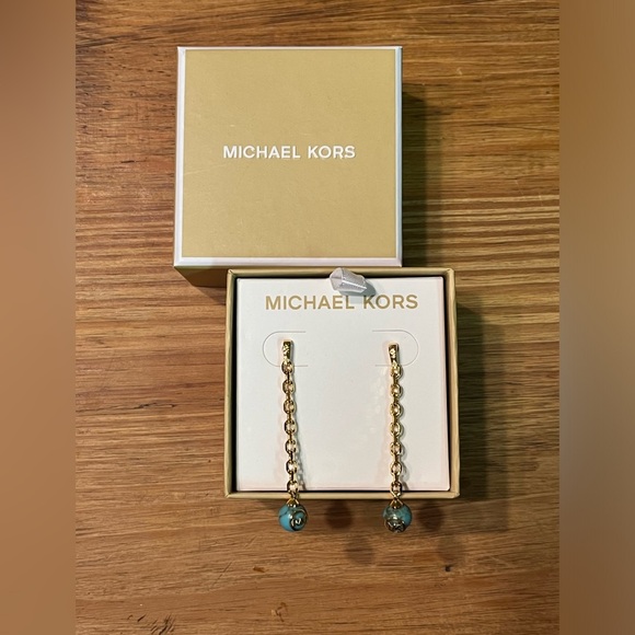 NEW Michael Kors Turquoise earrings. Gold tone. Hanging. MK on turquoise. Box in - Picture 5 of 10